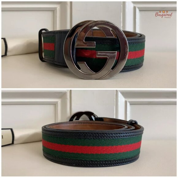 Authentic Gucci Web Canvas Black Leather Silver Interlocking G Buckle Belt 85/34 - Picture 3 of 12